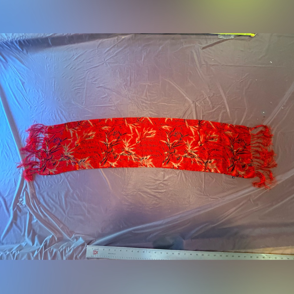 Vintage Silk Red Floral Rectangle Scarf with Fringe - Picture 5 of 8